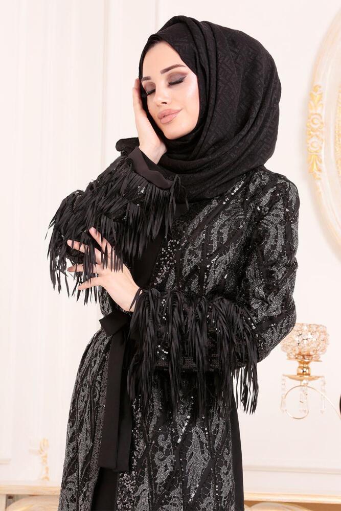 Simli Püsküllü Siyah Tesettür Abaya 95811S - 3