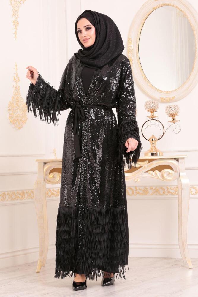 Pul Payetli Püsküllü Siyah Tesettür Abaya 95812S - 1