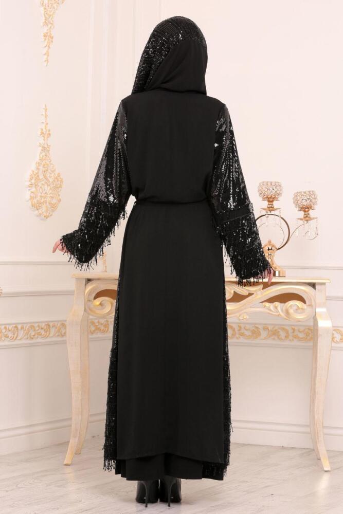 Pul Payetli Siyah Tesettür Abaya 95813S - 3