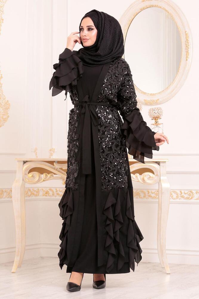 Pul Payetli Siyah Tesettür Abaya 9581S - 1