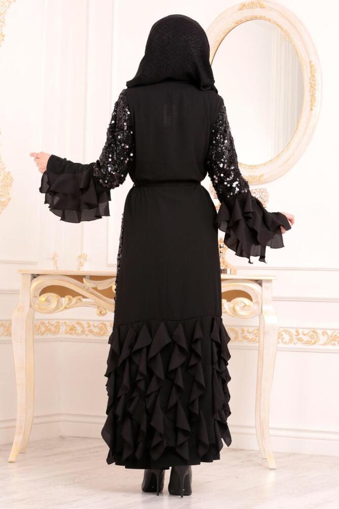 Pul Payetli Siyah Tesettür Abaya 9581S - 3