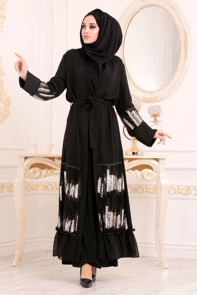 Pul Payetli Siyah Tesettür Abaya 9582S - 1
