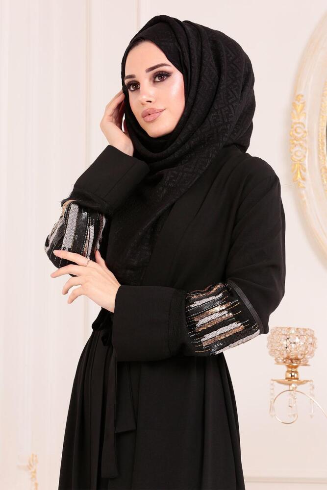 Pul Payetli Siyah Tesettür Abaya 9582S - 2