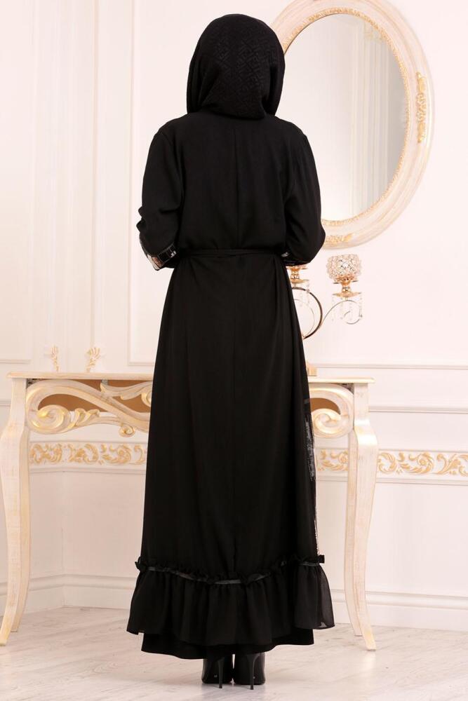 Pul Payetli Siyah Tesettür Abaya 9582S - 3