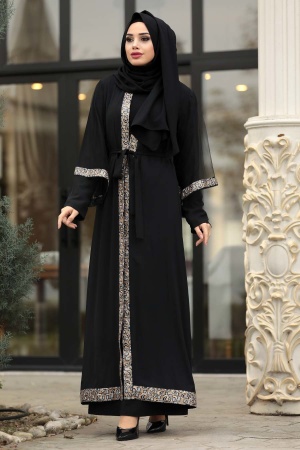 Leopar Desenli Siyah Tesettür Abaya 95840S - 1