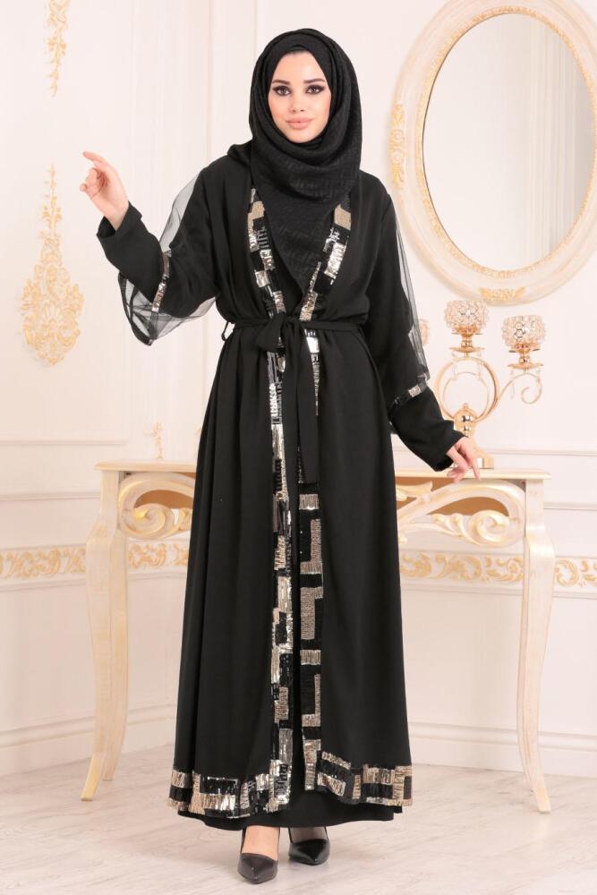 Şerit Desenli Siyah Tesettür Abaya 9584S - 1