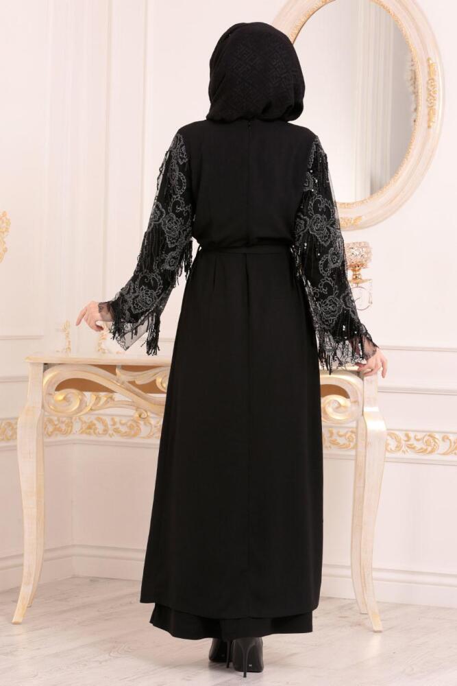 Bağcıklı Siyah Tesettür Abaya 9660S - 2