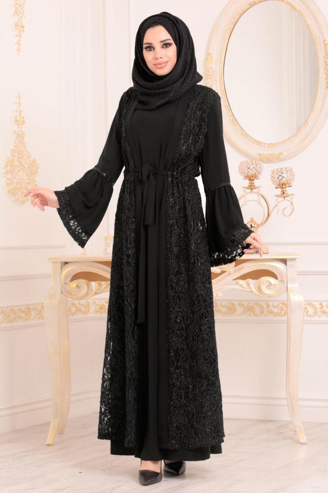 Dantelli Siyah Tesettür Abaya 9695S - 2