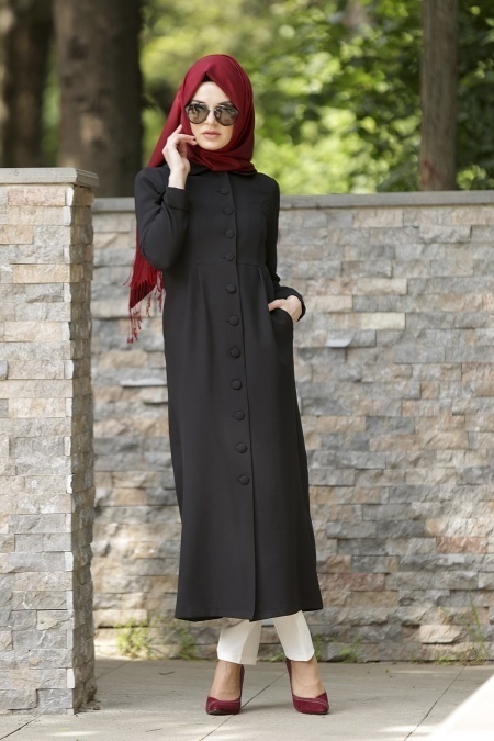 Neva Style - Black Hijab Coat 1051S