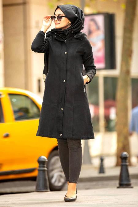 Neva Style - Black Hijab Coat 2261S