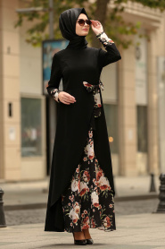 Çiçek Detaylı Siyah Tesettür Elbise 100386S - Thumbnail