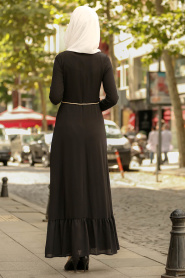 Dantel Detaylı Düğmeli Siyah Tesettür Elbise 100409S - Thumbnail
