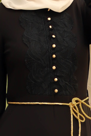 Dantel Detaylı Düğmeli Siyah Tesettür Elbise 100409S - Thumbnail