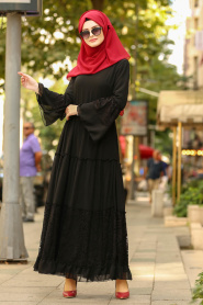 Dantelli Siyah Tesettür Elbise 100415S - Thumbnail