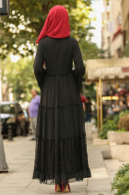 Dantelli Siyah Tesettür Elbise 100415S - Thumbnail