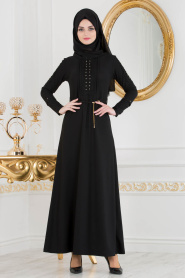 Kolları Detaylı Siyah Tesettür Elbise 10110S - Thumbnail