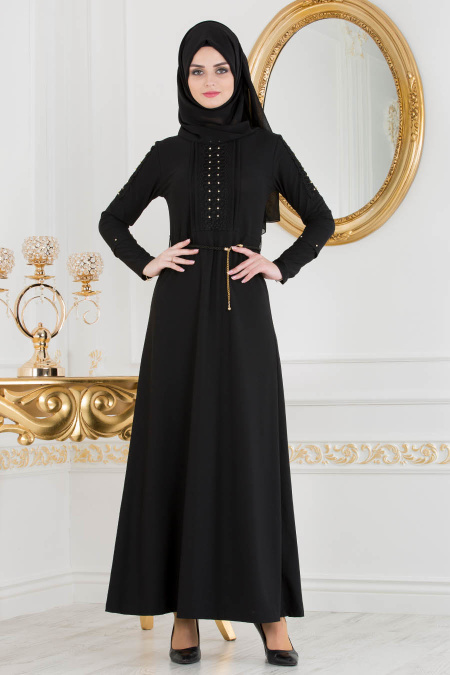 Kolları Detaylı Siyah Tesettür Elbise 10110S