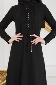 Kolları Detaylı Siyah Tesettür Elbise 10110S - Thumbnail
