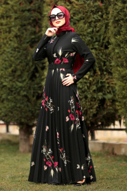 Çiçek Desenli Siyah Tesettür Elbise 1200S - Thumbnail