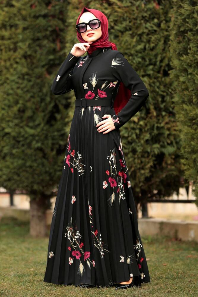 Çiçek Desenli Siyah Tesettür Elbise 1200S - 1