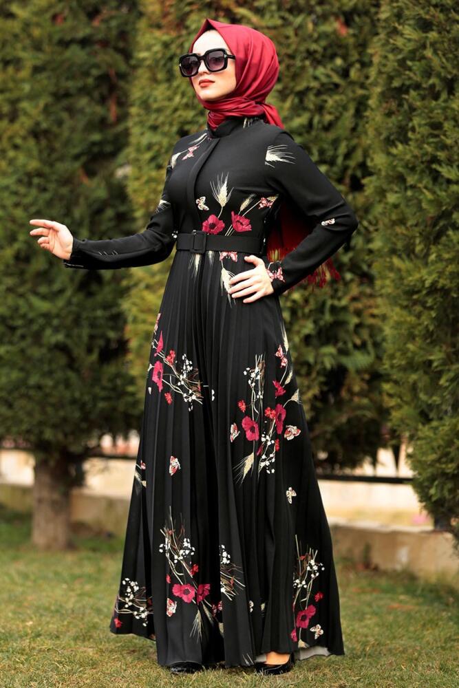 Çiçek Desenli Siyah Tesettür Elbise 1200S - 2