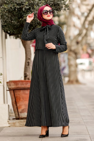 Çizgili Siyah Tesettür Elbise 20420S - Thumbnail