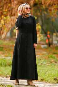 Düğmeli Siyah Tesettür Kaşe Elbise 2488S - Thumbnail