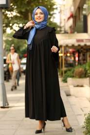 Büzgülü Salaş Siyah Tesettür Elbise 3161S - Thumbnail