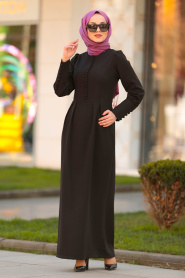 Düğme Detaylı Siyah Tesettür Elbise 3237S - Thumbnail