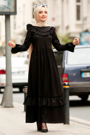 Fırfırlı Siyah Tesettür Elbise 4015S - Thumbnail