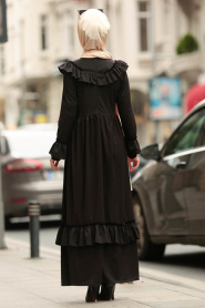 Fırfırlı Siyah Tesettür Elbise 4015S - Thumbnail