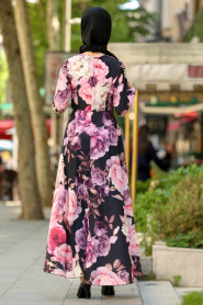 Gül Desenli Siyah Tesettür Elbise 41570S - Thumbnail
