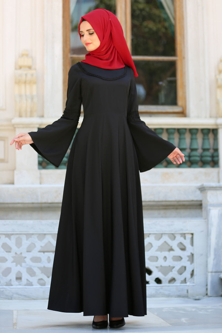 Volan Kol Siyah Tesettür Elbise 41580S