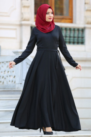 Kruvaze Yaka Kemerli Siyah Tesettür Elbise 41980S - Thumbnail