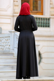 Kruvaze Yaka Kemerli Siyah Tesettür Elbise 41980S - Thumbnail