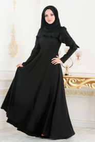 Fırfırlı Siyah Tesettür Elbise 42410S - Thumbnail