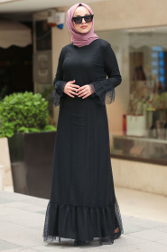 Puantiyeli Tüllü Siyah Tesettür Elbise 42721S - Thumbnail