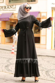 Volan Kollu Siyah Tesettür Elbise 5004S - Thumbnail