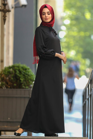 Boncuk Detaylı Siyah Tesettür Elbise 51421S - Thumbnail