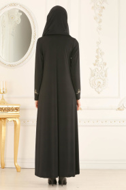 Önü İşlemeli Siyah Tesettür Elbise 5893S - Thumbnail