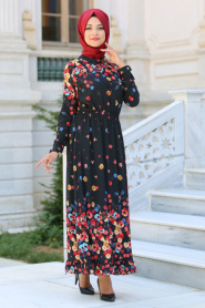 Çiçek Desenli Beli Büzgülü Siyah Tesettür Elbise 590S - Thumbnail