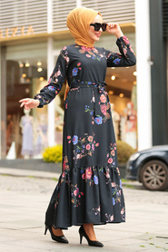 Çiçek Desenli Siyah Tesettür Elbise 6271S - Thumbnail