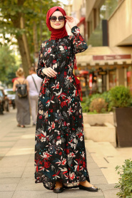 Çiçek Desenli Siyah Tesettür Elbise 78622S - Thumbnail