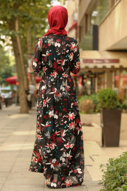 Çiçek Desenli Siyah Tesettür Elbise 78622S - Thumbnail