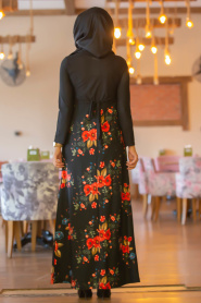 Çiçek Desenli Siyah Tesettür Elbise 79470S - Thumbnail