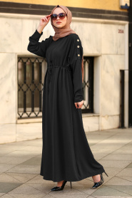 Düğme Detaylı Siyah Tesettür Elbise 8021S - Thumbnail