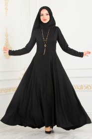Kolyeli Siyah Tesettür Elbise 8040S - Thumbnail
