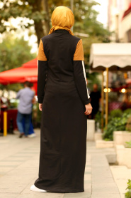 Yakası Düğmeli Siyah Tesettür Elbise 82360S - Thumbnail