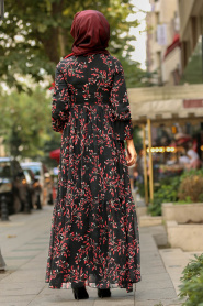 Fırfırlı Desenli Siyah Tesettür Elbise 8258S - Thumbnail