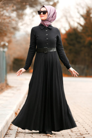Düğmeli Kemerli Siyah Tesettür Elbise 8396S - Thumbnail